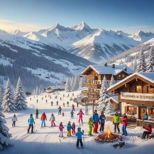 alt_text: "Stunning Austrian ski resort with snowy Alps, families enjoying winter sports, and cozy chalets."