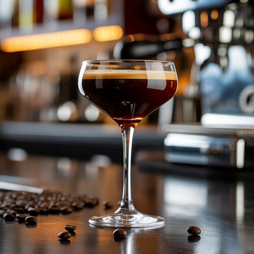alt_text: An elegant Espresso Martini in a coupe glass, set against a stylish bar with ambient lighting.
