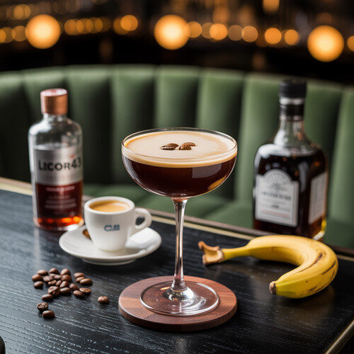 alt_text: A stunning Espresso Martini in an elegant glass, surrounded by ingredients in a cozy, stylish setting.