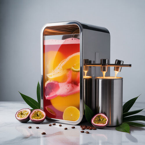 alt_text: A modern bag-in-box container with colorful cocktails, fresh fruits, and a sleek cocktail machine.