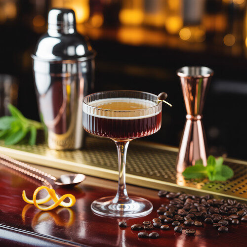 alt_text: Elegant cocktail setup with a vibrant drink, mixology tools, and fresh ingredients in warm lighting.