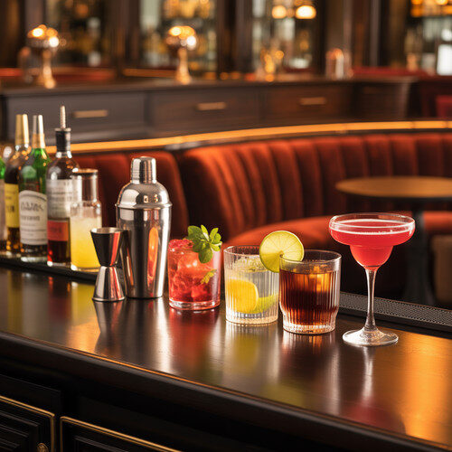 alt_text: A vibrant bar scene featuring premium spirits, fresh ingredients, and elegant cocktails, exuding sophistication.
