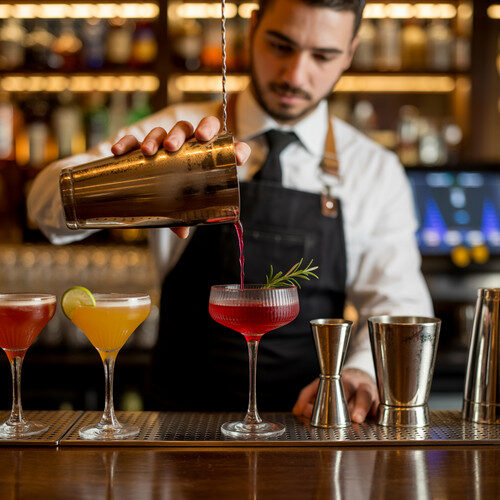 alt_text: Elegant bar scene with colorful cocktails, fresh garnishes, and modern mixology tools, vibrant ambiance.