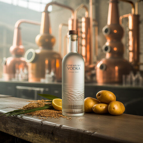 alt_text: A premium vodka bottle on a bar, surrounded by fresh ingredients and a blurred distillery backdrop.